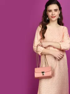 V-Mart Geometric Embroidered Printed Round Neck Three-Quarter Sleeves Cotton Kurta