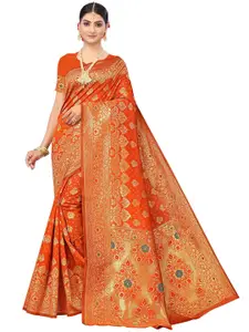 MANVAA Orange & Green Ethnic Motifs Zari Banarasi Silk Saree