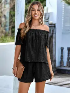 StyleCast Black Woven Design Off Shoulder Top With Shorts