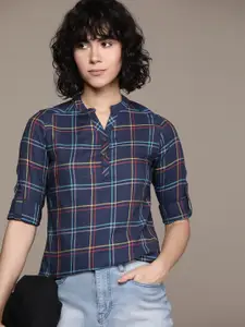 Roadster Checked Mandarin Collar Cotton Top