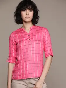Roadster Checked Mandarin Collar Roll-Up Sleeves Top