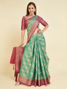 Mitera Teal Green & Pink Ethnic Motifs Woven Design Zari Organza Saree