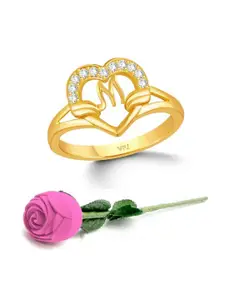 Vighnaharta Set of 2 Gold-Plated CZ-Studded & Alphabet M Finger Ring With Rose Box