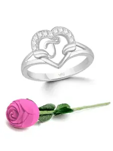 Vighnaharta Set of 2 Rhodium-Plated CZ-Studded & Alphabet J Finger Ring With Rose Box