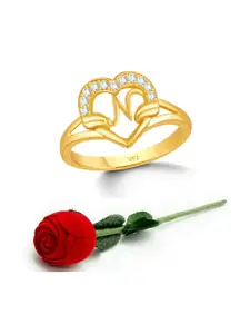 Vighnaharta Set of 2 Gold-Plated CZ-Studded & Alphabet N Finger Ring With Rose Box