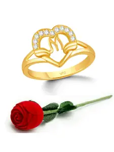 Vighnaharta Set of 2 Gold-Plated CZ-Studded & Alphabet M Finger Ring With Rose Box