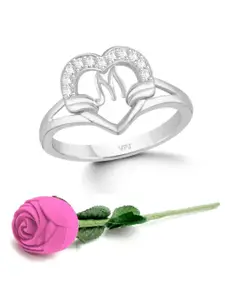 Vighnaharta Rhodium-Plated CZ-Studded & Alphabet M Finger Ring With Rose Box