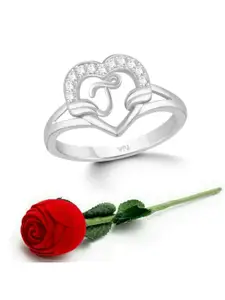 Vighnaharta Rhodium-Plated CZ-Studded & Alphabet J Finger Ring With Rose Box