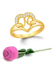 Vighnaharta Gold-Plated CZ-Studded & Alphabet N Finger Ring With Rose Box