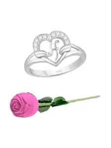 Vighnaharta Rhodium-Plated Cubic Zirconia-Studded Finger Ring With Rose Box