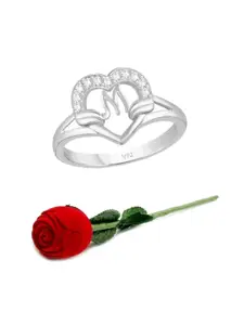 Vighnaharta Rhodium-Plated Cubic Zirconia-Studded Finger Ring With Rose Box