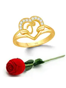 Vighnaharta Gold-Plated CZ-Studded & Alphabet J Finger Ring With Rose Box