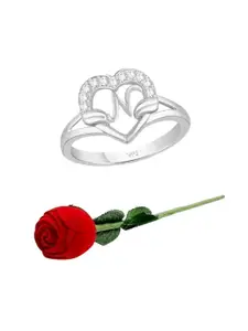 Vighnaharta Rhodium-Plated Cubic Zirconia-Studded Finger Ring With Rose Box