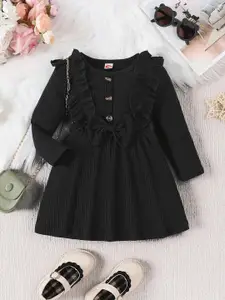 BAESD Girls Striped Round Neck Full Sleeves Ruffled Knee Length Fit & Flare Dress