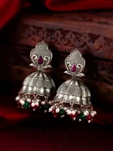 aadita Gold-Plated Stone-Studded & Beaded Silver Dome Shaped Jhumkas