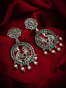 aadita Gold-Plated Stone-Studded & Beaded Silver Contemporary Drop Earrings