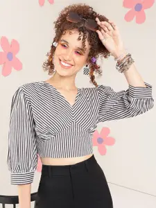 PRETTY LOVING THING Vertical Stripes Puff Sleeves V-Neck Cotton Wrap Crop Top