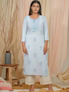 House of Pataudi Sea Green Floral Embroidered Tie-Up Neck Straight Kurta