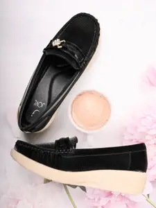 Jove Textured Embellished Round Toe Wedge Heel Loafers