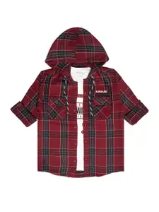 CAVIO Boys Comfort Checked Hooded Cotton Casual Shirt With T-shirt