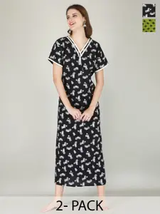 JVSP FASHION Pack Of 2 Floral Printed V-Neck Pure Cotton Maxi Nightdress