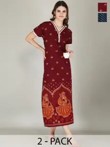 JVSP FASHION Pack of 2 Ethnic Motifs Printed V-Neck Pure Cotton Maxi Nightdress