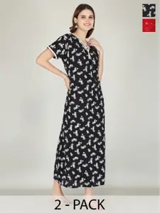 JVSP FASHION Pack of 2 Floral Printed V-Neck Pure Cotton Maxi Nightdress