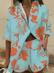 KPOP Printed Shirt-Collar Shirt With Shorts Co-Ords