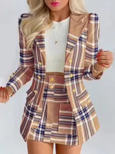 KPOP Khaki Checked Notched Lapel Collar Blazer With Skirt Co-Ords