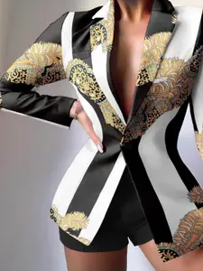 KPOP Printed Notched Lapel Collar Blazer With Shorts Co-Ords