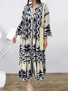 Stylecast X KPOP Mandarin Collar Long Flared Sleeves Geometric Print Maxi Midi Dress