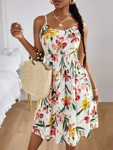 Stylecast X KPOP Floral Printed Shoulder Straps Fit & Flare Dress