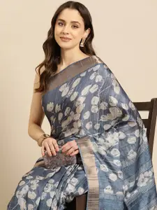 Silk Land Floral Printed Zari Block Print Saree