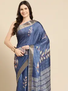 Silk Land Floral Printed Zari Block Print Saree