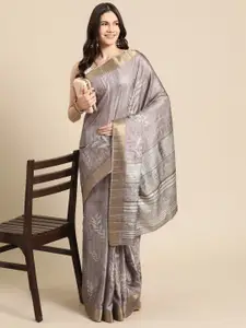Silk Land Floral Printed Zari Block Print Saree
