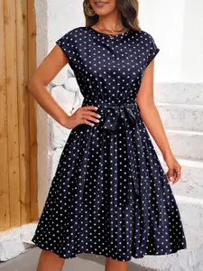 Stylecast X KPOP Round Neck Extended Sleeves Polka Dot Print Fit & Flare Dress