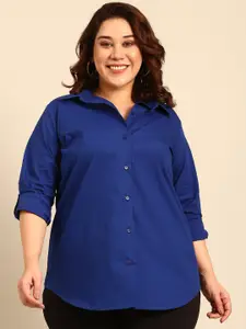 The Pink Moon Plus Size Roll-Up Sleeves Opaque Cotton Casual Shirt