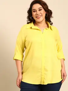 The Pink Moon Plus Size Roll-Up Sleeves Opaque Cotton Casual Shirt