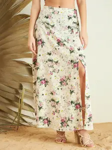 Berrylush Beige Floral Printed High Rise A-line Side Slit Maxi Skirt
