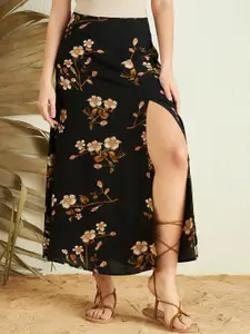 Berrylush Black Beige Floral Printed High Rise Side Slit A-line Maxi Skirt