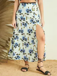 Berrylush Green Blue Floral Printed High Rise Side Slit A-Line Maxi Skirt