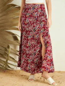Berrylush Maroon Floral Printed High Rise Side Slit Maxi Skirt