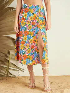 Berrylush Blue Yellow Floral Printed High Rise A-Line Side Slit Midi Skirt