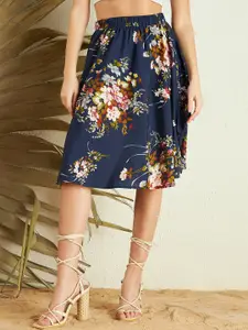 Berrylush Blue Floral Printed High-Rise Knee Length A-Line Skirt