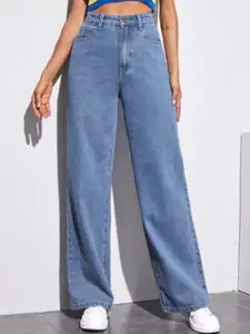 Next One Women Smart Wide Leg High Rise Light Fade Clean Look Cotton Jeans