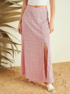 Berrylush Pink Floral Print High Rise A-line Side Slit Maxi Skirt