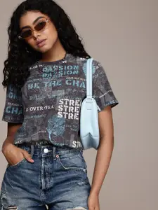 The Roadster Life Co. Printed Drop-Shoulder Sleeves Pure Cotton Washed Effect Boxy T-shirt