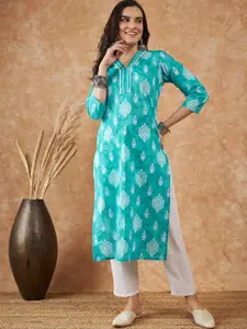 Sangria V-Neck Three-quarter sleeves Ethnic Motif Printed Cotton Kurtas