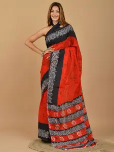 KIAARON Floral Pure Cotton Block Print Saree