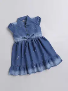 The Magic Wand Polka Dot Print Flutter Sleeve Denim Fit & Flare Dress